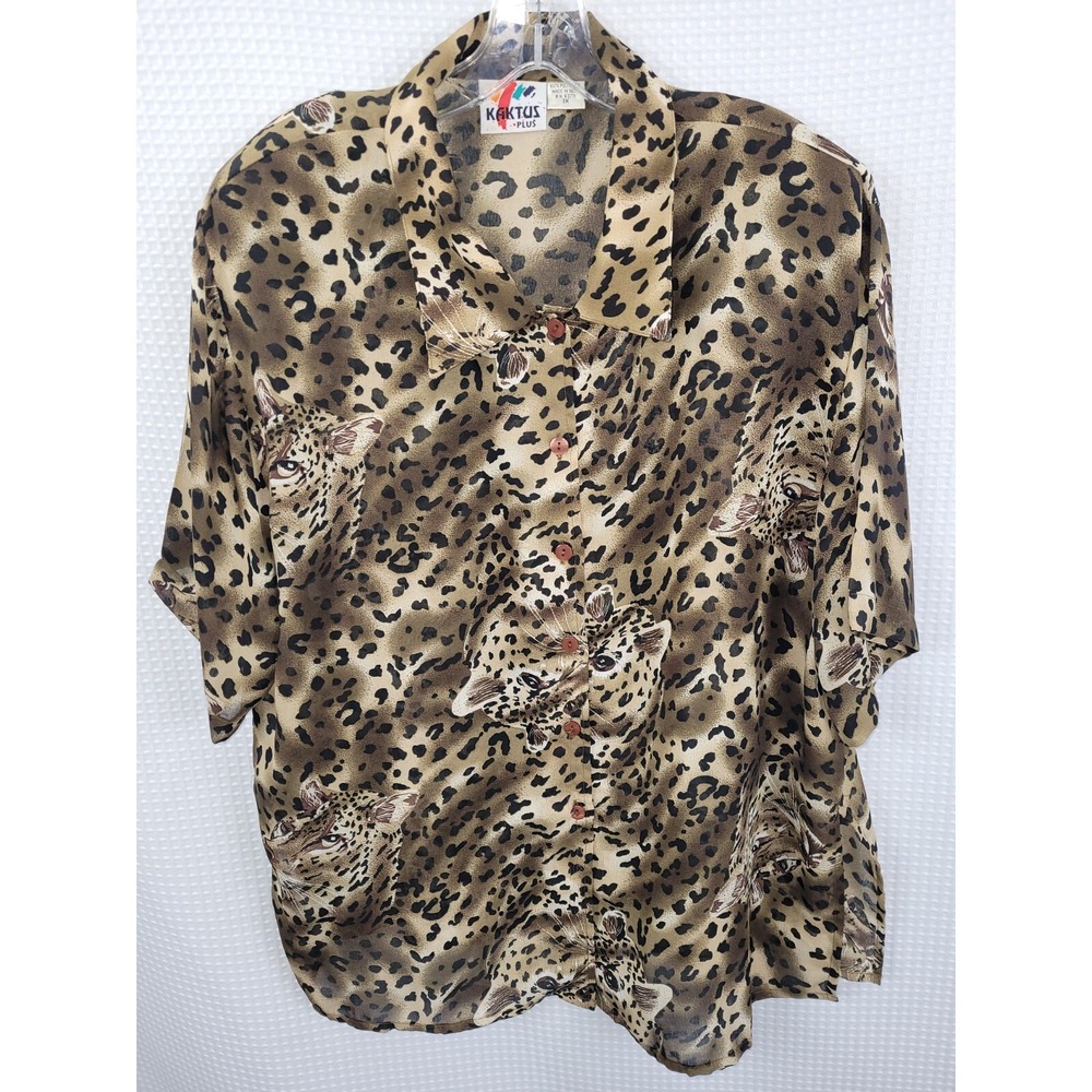 Kaktus Plus Leopard Print Short Sleeve Blouse Semi Sheer Size 1X Shoulder Pads